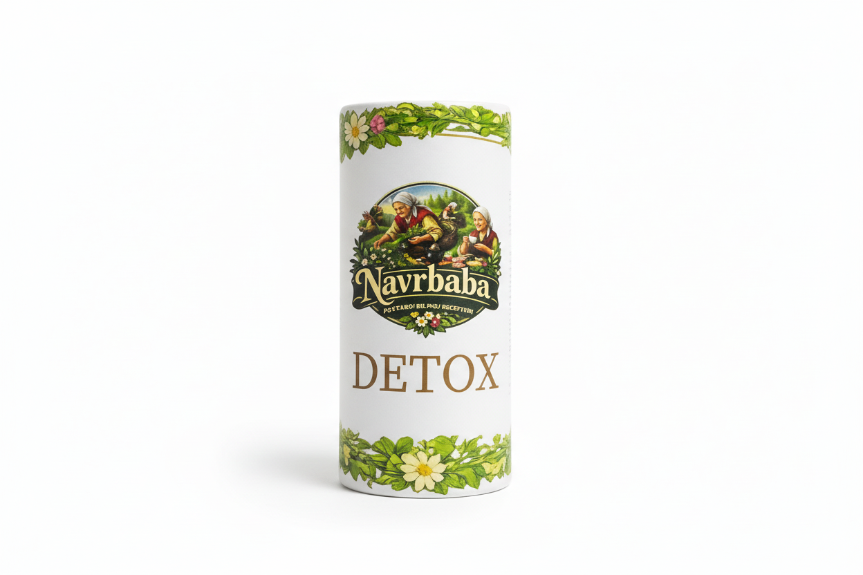 Navrbaba Detox product packaging with natural elements on a beige background
