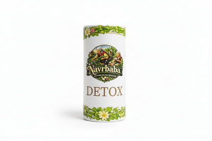 Navrbaba Detox product packaging with natural elements on a beige background
